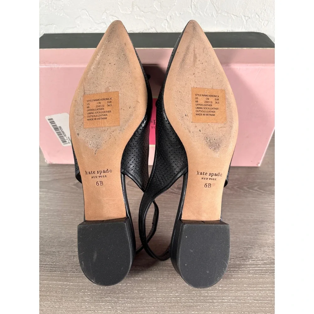 Kate Spade Veronica‎ Black Perforated Leather Pointed Toe Slingback Flats 6B